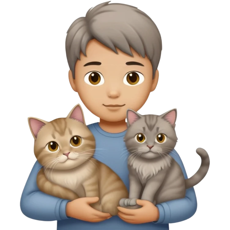 Chinese boy holding a grey longhair cat and a British longhair golden cat emoji