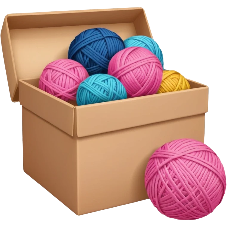 paper box with toys, ball of yarn, pink emoji