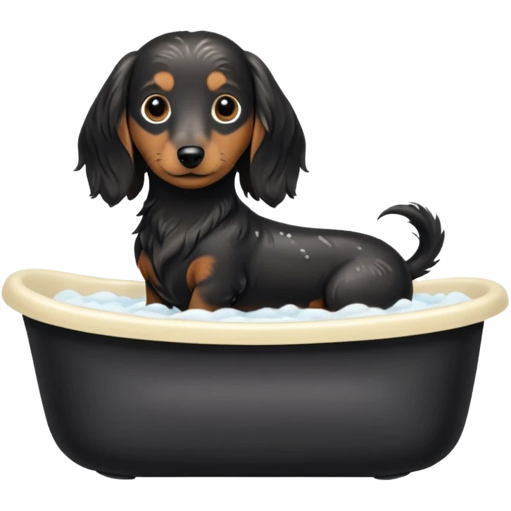 Black and cream Long haired Dachshund getting bath and haircut emoji