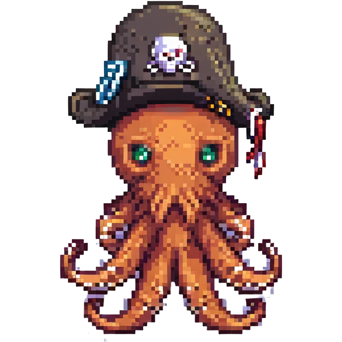 pixel art octopus with pirate hat, winking emoji