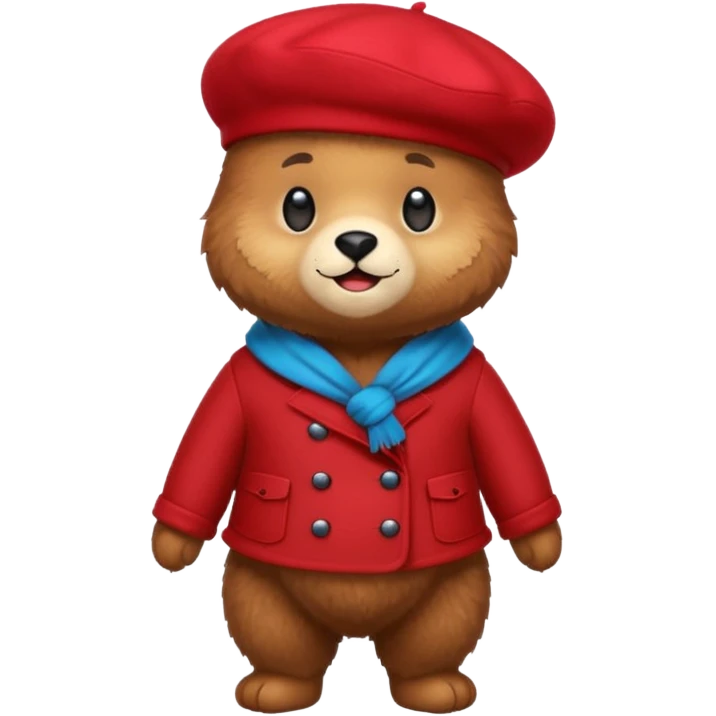 A cute emoji bear, full-length, side view, wearing a stylish red beret. emoji