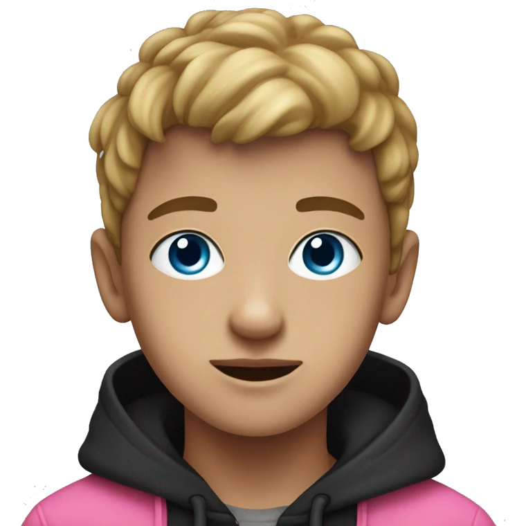 Boy with black hoodie Blue eyes And a Pink Blanced obere his head emoji