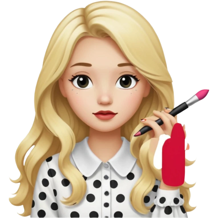 niña rubia con pelo largo y blusa blanca con lunares y maquillandose emoji