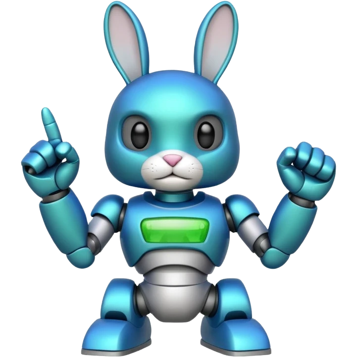 a blue and green robot rabbit has a fist in the air emoji