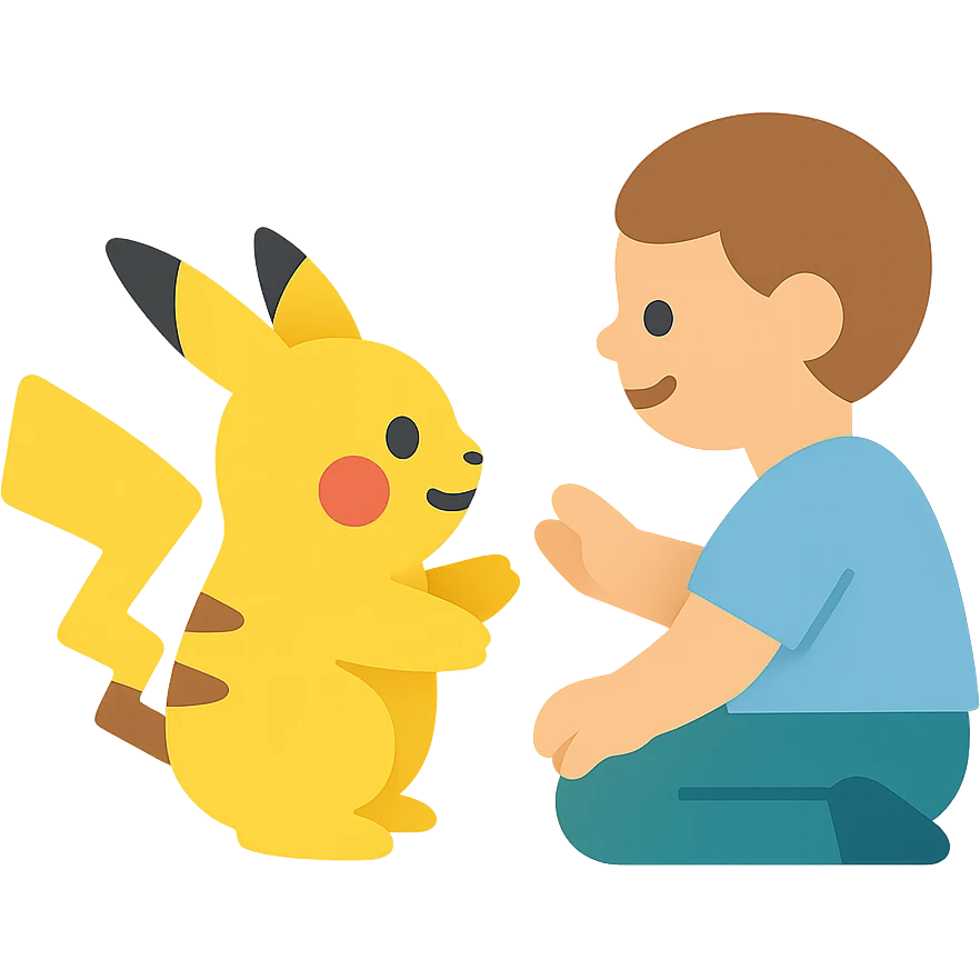 Pikachu playing with a child, colorful icon in a modern style emoji