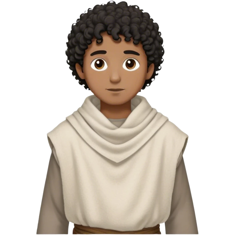 medieval outfit worn by a DnD themed fantasy character. basic rough cotton tunic with a thick wool shawl. clothes only above the waist. The clothes full waist. The character's haven't arms. character is black hair gray eyes short curly hair medium-brown-skinned man. emoji