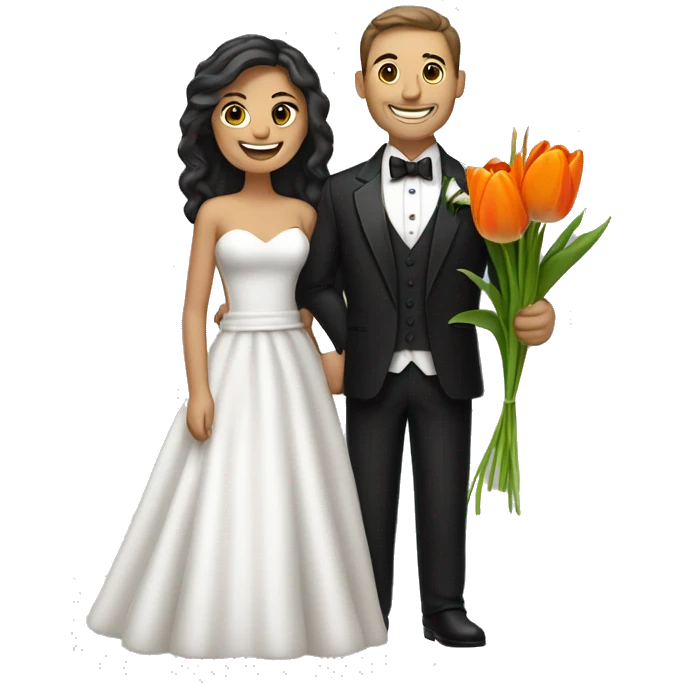 Wedding-themed emoji of a joyful couple. The man, in a black tuxedo, holds orange tulips, and the woman, in a white dress, holds a small flower. They stand close, smiling, with her arm on his shoulder, against a simple background emoji