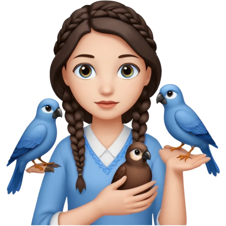 женщина с одной темно-коричневой косичкой серо-голубыми глазами и светлой кожей держит на руке трех птиц коричневого цвета emoji