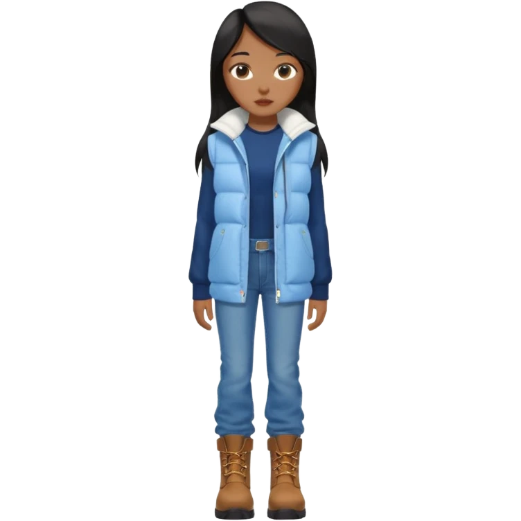 asin girl with black long slick backed hair wearing a dark blue long shirt and a puffy white sleeveless jacket on outside and light blue very baggy jeans with brown boots emoji