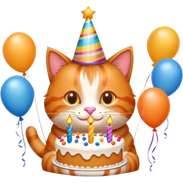 Ginger cat celebrates birthday, birthday hat, birthday cake, balloons, happy emoji