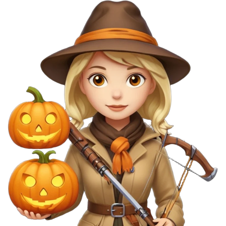 female human monster hunter emoji, wearing brown coat and hat, holding crossbow, soft smile, scarf, glowing pumpkin by her side, Halloween fantasy style, clean vector Apple emoji look, bright colors, white background, square emoji