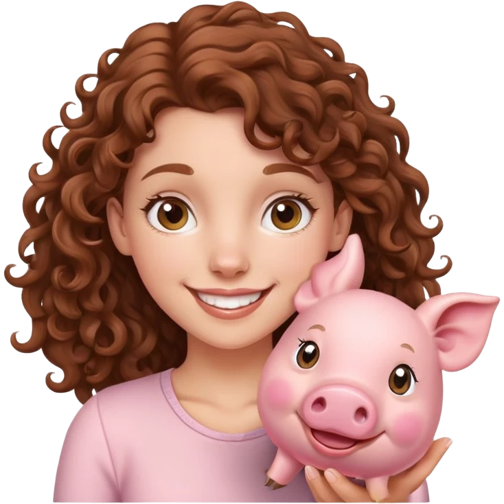 Brown curly hair white girl with a flying pig emoji