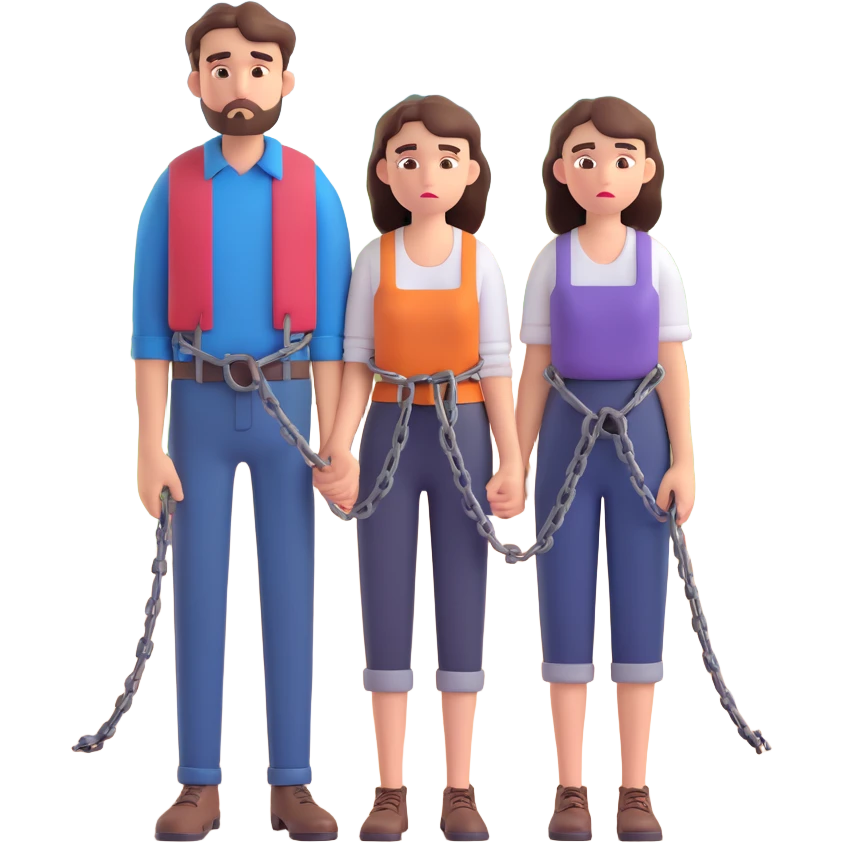 sad innocent couple man and woman in simple rural clothes with chains on their hands standing in front of a small village angry villagers shouting and pointing fingers in the background couple looks helpless and tired bright emoji-like colors cartoonish expressive style emoji