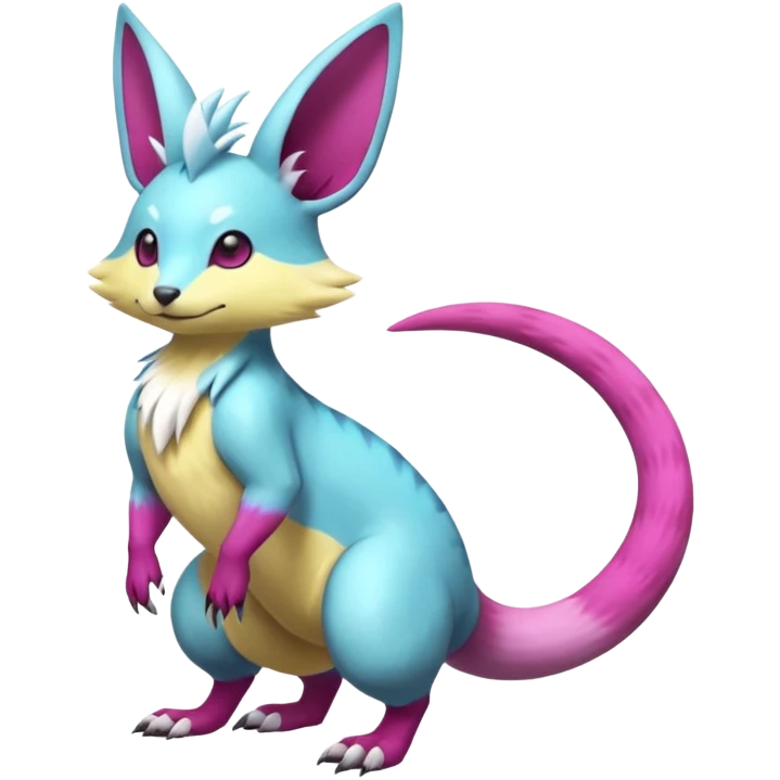realistic Shiny smooth silky soft Cyan-Yellowish-Magenta Minccino-Zeraora-Emolga-Vernid-Sergal-fusion-hybrid-animal-creature, full body emoji