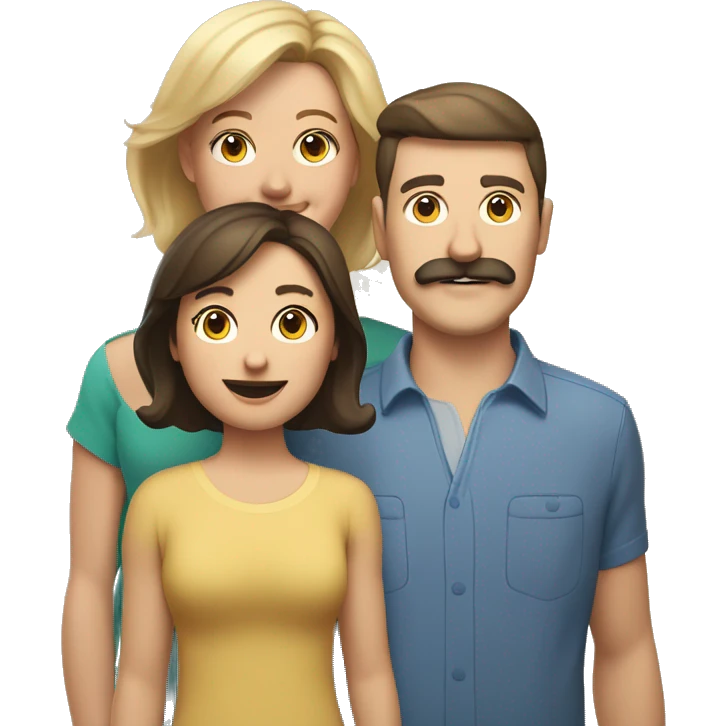Caucasian family of brunette mother, brunette father with mustache, and sandy blonde son no facial hair emoji