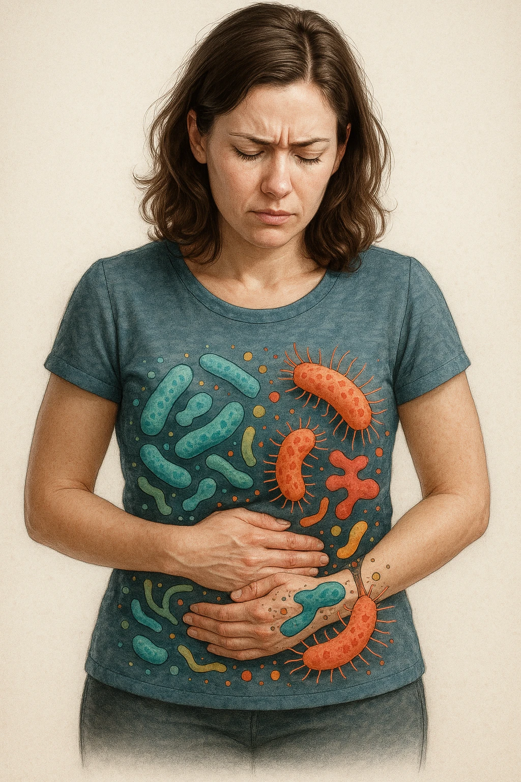 Donna con disequilibrio della flora microbica intestinale 4k emoji