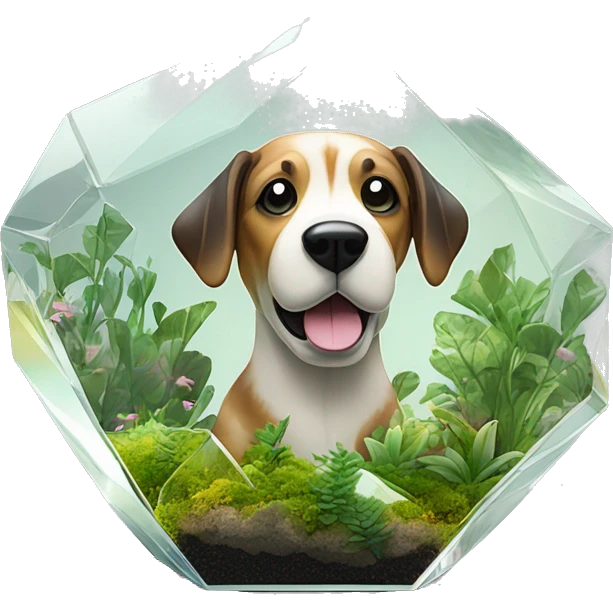 A dog made entirely of glass mirror crystals prisms glass transparent filled with plants as a terrarium emoji