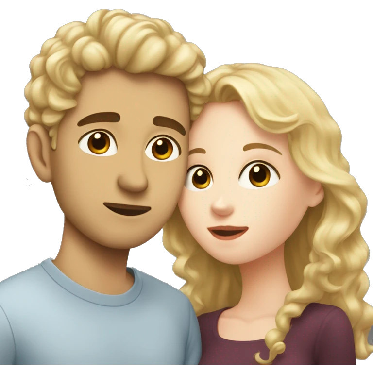 A blonde girl with pale skin kisses a light-skinned brown guy with curly black hair emoji