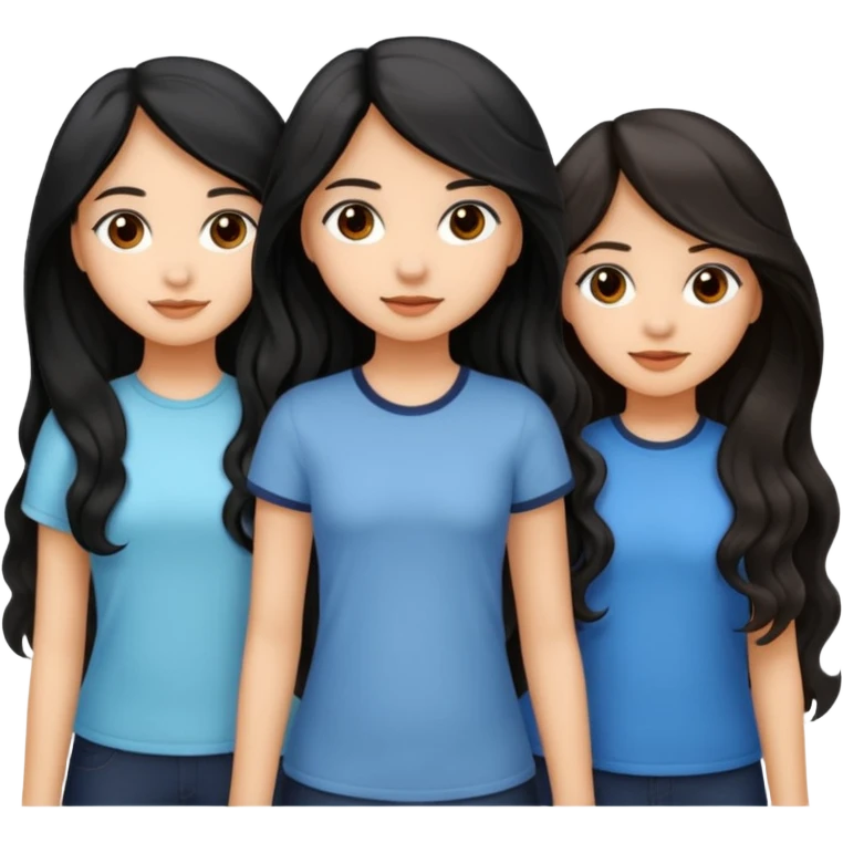 create a trio emoji girl with the first girl with a long black wavy hair with a light skin and the second girl with an mid length wavy hair with a little bit of brown color with light morena skin and the last with long black straight hair with light morena skin emoji