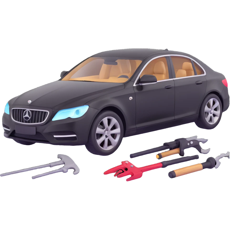 black luxury car with a clearly visible dent on the bodywork, specific PDR tools such as rods, levers, and small hammers positioned to show active repair, elegant and modern emoji