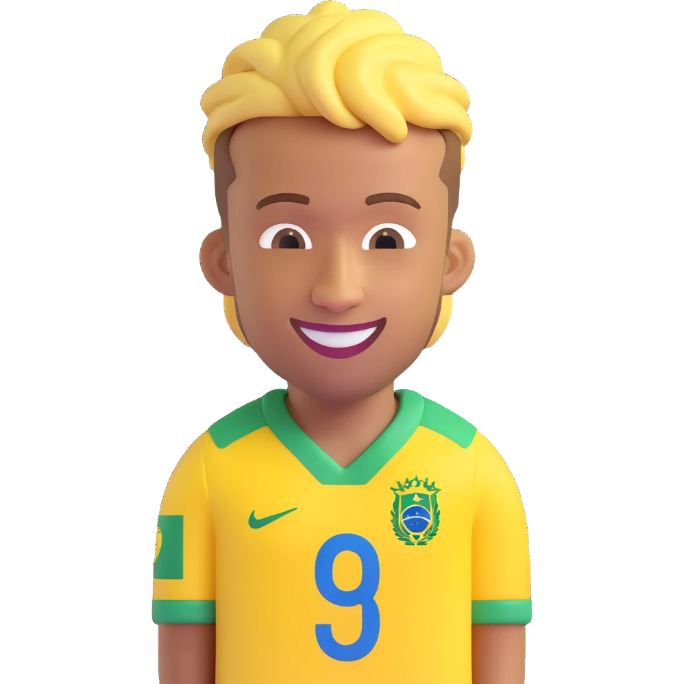 Neymar Jr. as a 3D emoji, smiling, with his recognizable hairstyle and Brazil jersey emoji