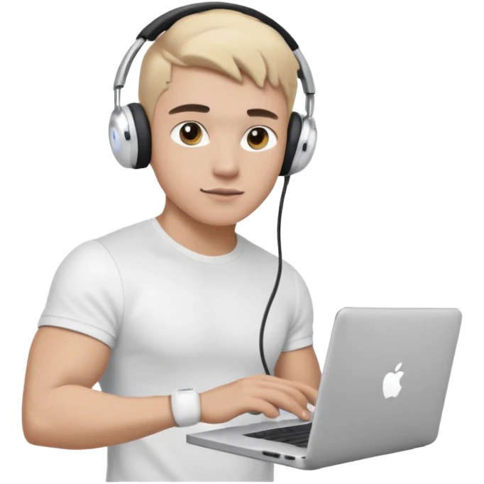 парень диджей накаченный молодой с диджейский микшером и ноутбуком красивый парень со светлыми волосами и черно кориченывыми глазамами и в наушниках apple airpods белых, в белой футболке emoji