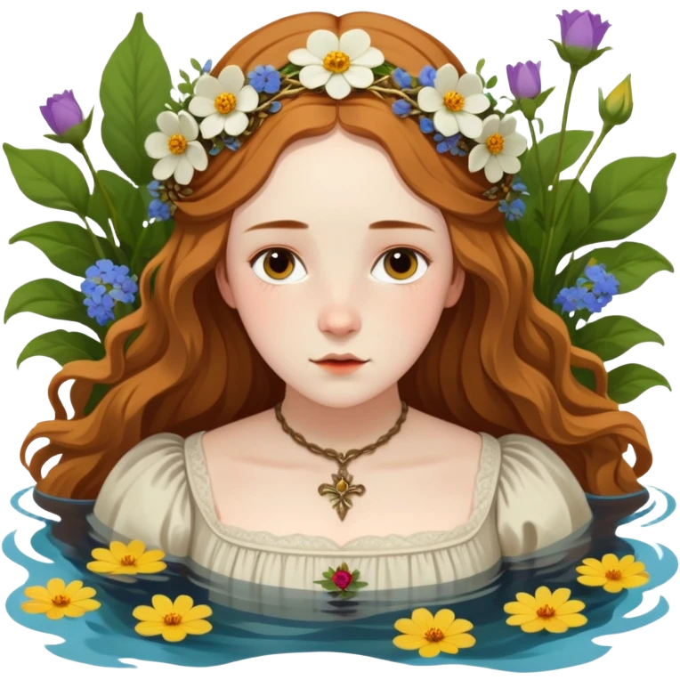 Ophelia from Hamlet floating in water surrounded by flowers, with a tragic expression, wearing a medieval dress, based on Millais painting and Shakespeare's character emoji