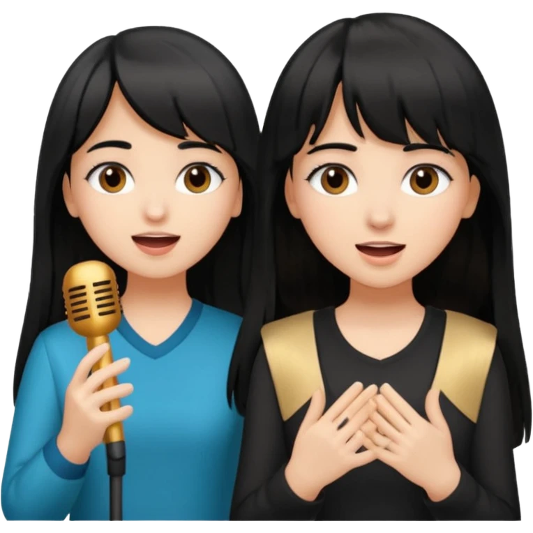 make a middle eastern girl with long black hair and a white girl with bangs and brown medium length hair singing together  emoji