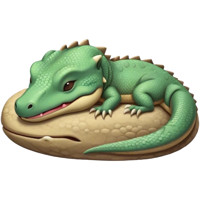 Meme-Worthy cute Sleeping Komodo Dragon Lizard Portrait Emoji, Head resting peacefully with a contented smile, showcasing a rugged, textured form and eyes gently closed in serene slumber, Simplified yet comically adorable features, highly detailed, glowing with a soft, drowsy glow, high shine, relaxed and utterly lovable, stylized with an air of playful laziness, bright and heartwarming, soft glowing outline, capturing the essence of a sleeping ancient guardian that feels destined to become the next viral icon of adorable rest! emoji