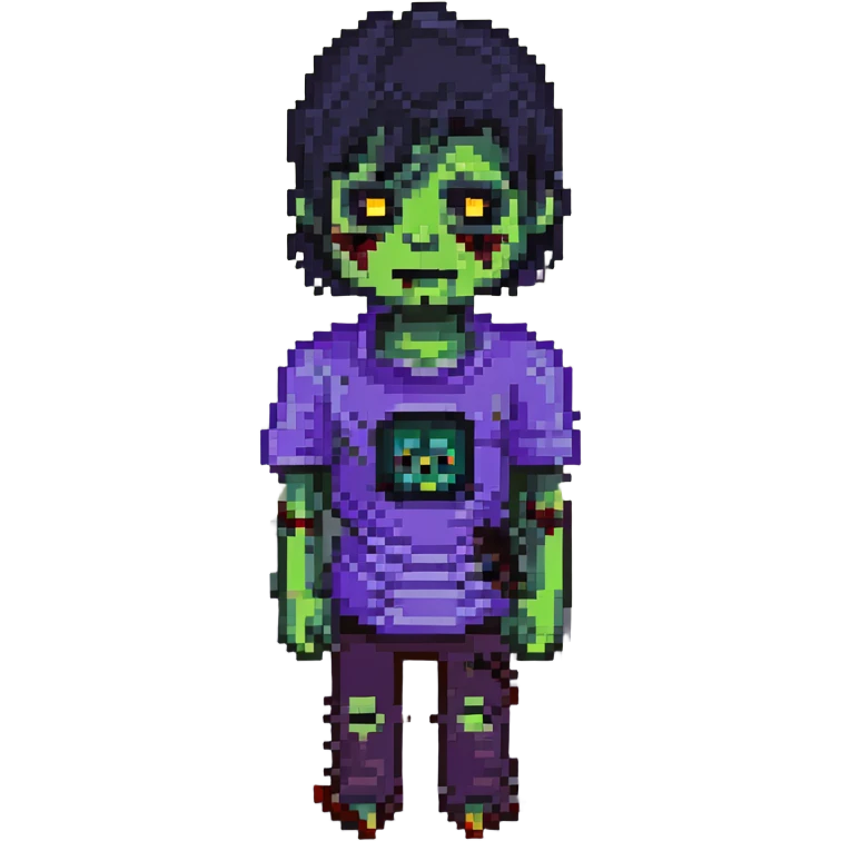 zombie boy with black emo hair and purple shirt, pixel art style emoji