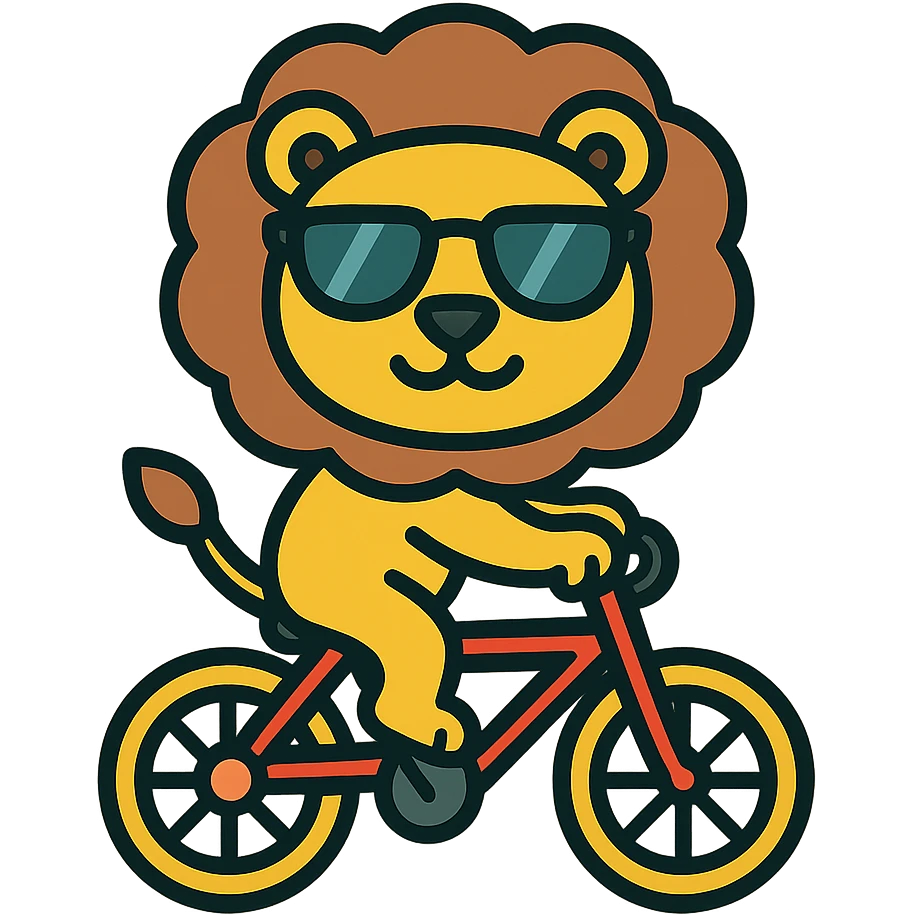 lion wearing sunglasses riding a bicycle, colored icon emoji