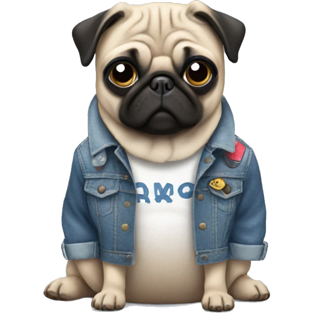 pug wearing a denim jacket with patches emoji