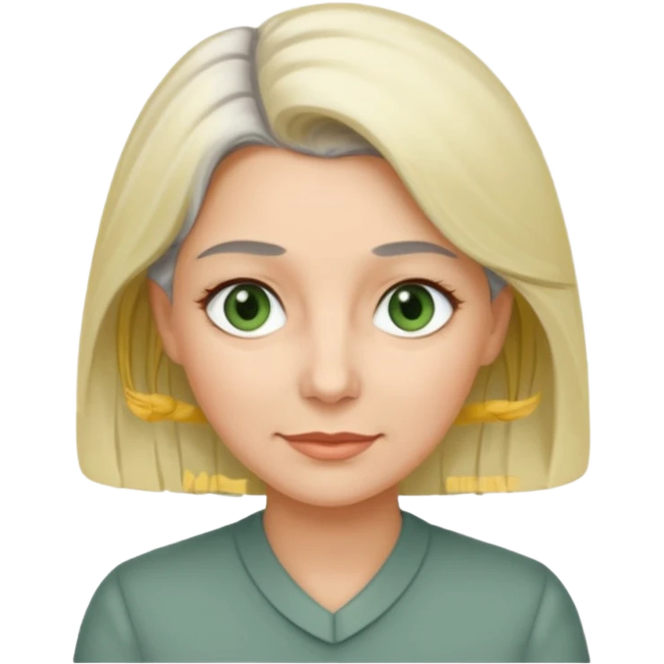 a woman in her late 40s and has greyish greenish eyes and blonde and grey hair emoji