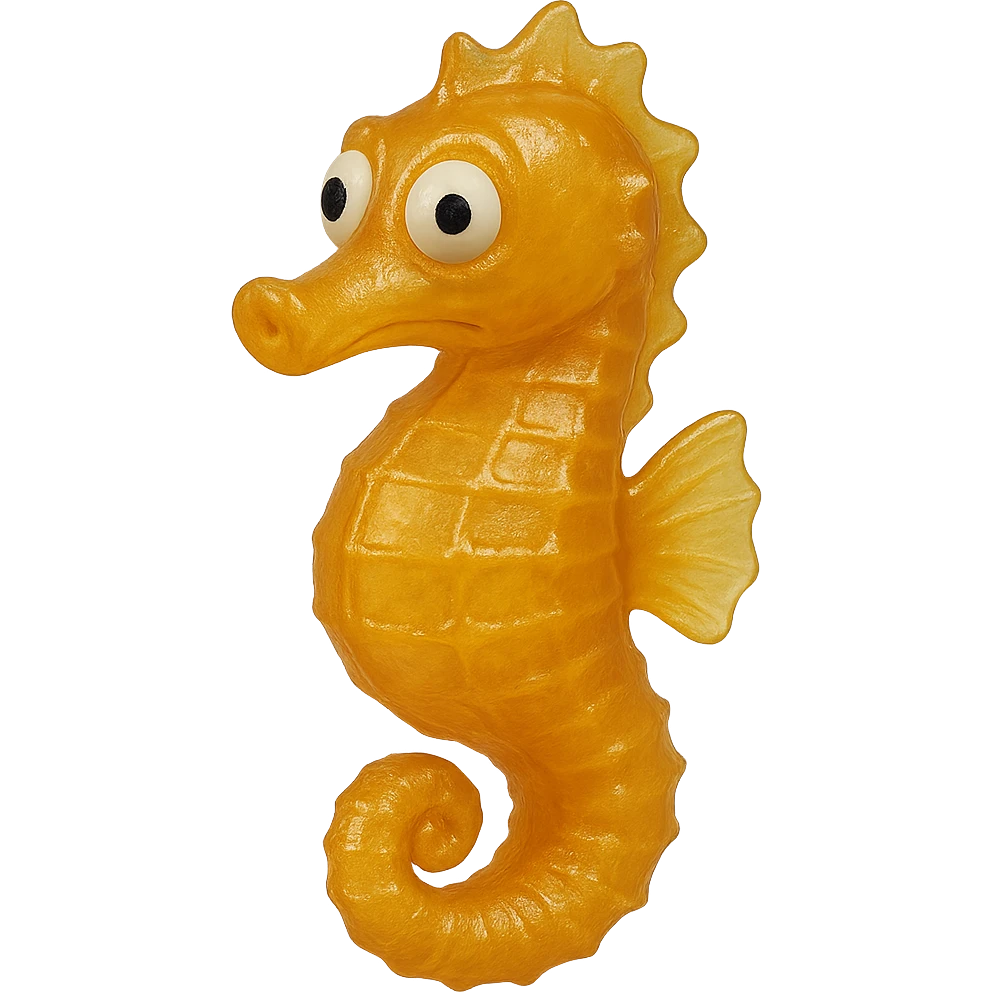 hyper-detailed retro 90's toy style see-through very transparent natural yellow or orange plastic seahorse with derpy eyes soft plastic soft reflections soft and squishy some cloudiness not shiny highly detailed appealing no tag no background emoji