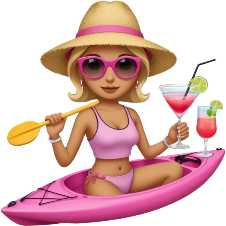 Female in pink kayak with cocktail in hand at the beach emoji