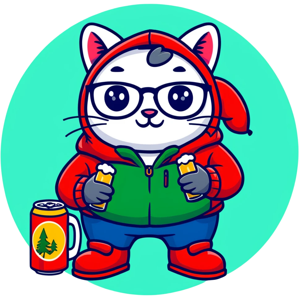 Catfish wearing a red hooded winter jacket, round glasses, blue jeans, red boots, holding a beer can with red label emoji