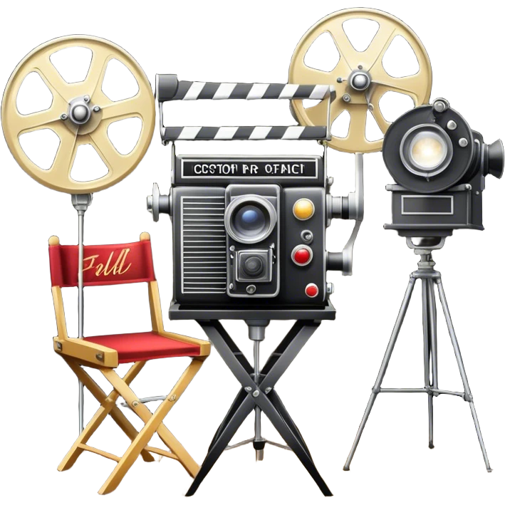Icon for Acting: a theatrical mask, stage lights, a director’s chair, a script and a vintage movie camera, representing the craft of acting in theater. The design should reflect creativity, performance, and storytelling on stage. Transparent background. emoji