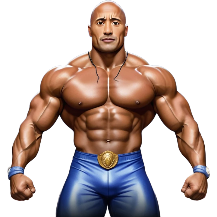 Dwayne 'The Rock' Johnson on stage at the Mr. Universe bodybuilding competition, covered in oil, flexing his powerful muscles. His physique shines under bright stage lights, showcasing his strength and dedication. The audience and judges are blurred in the background. Transparent background. emoji