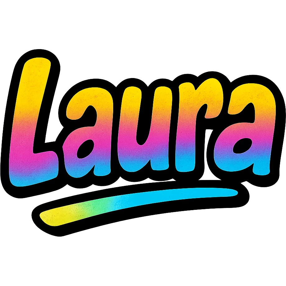 Laura name in modern colorful gradient font with dark outline, dynamic slanted or partial underline, transparent background, in the style of reference patterns emoji