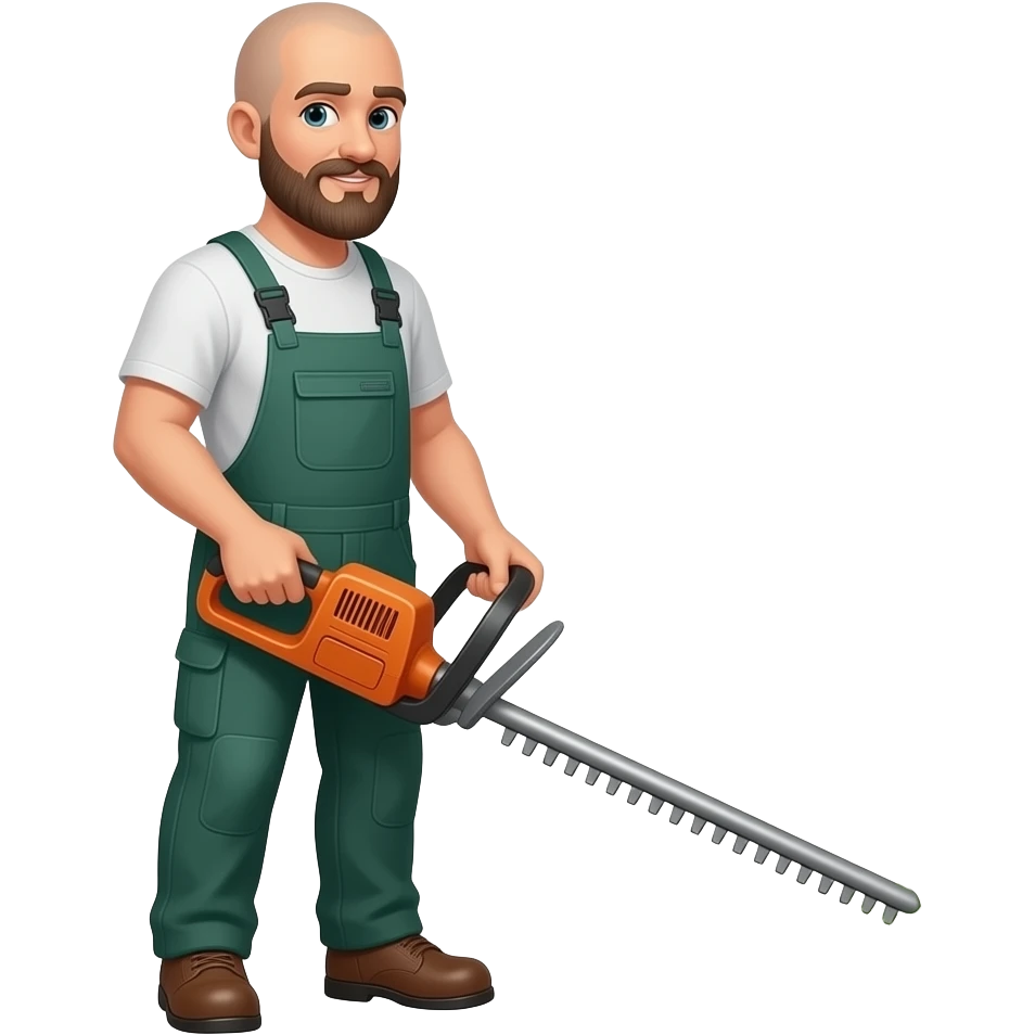bald man with four inch beard using a line trimmer, weedeater emoji