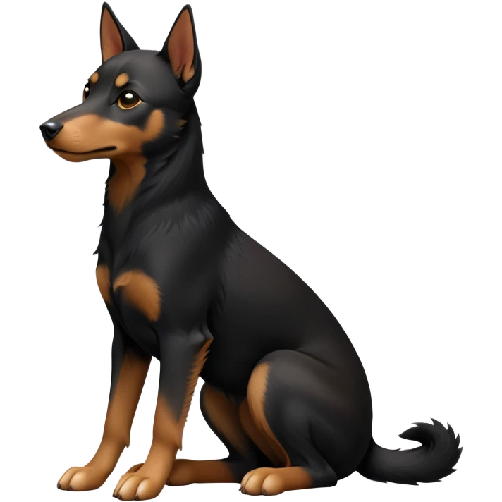 cinematic-[australian kelpie]-detailed realistic-full-body-sitting-emoji,-tail-resting-loosely-beside-its-paws,-head-tilted-dramatically, -sleek-[Black and tan]-fur,-simplified-yet-realistic-focused-features,-highly-detailed,-glowing-with-an-almost-sarcastic-glow emoji