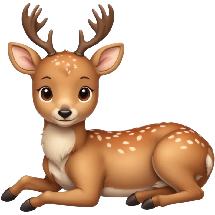 Cute beige deer lying down, legs folded, soft fur with lighter spots, big eyes, gentle smile, short antlers, simple cartoon style. emoji