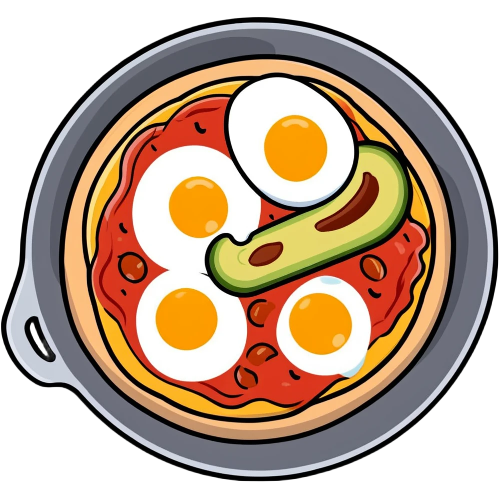 A delicious breakfast skillet with pizza cheese, tomato sauce, pepperoni, sliced avocado, and a sunny side up egg emoji