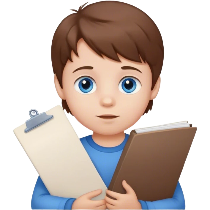 toddler boy brown hair blue eyes and a list emoji