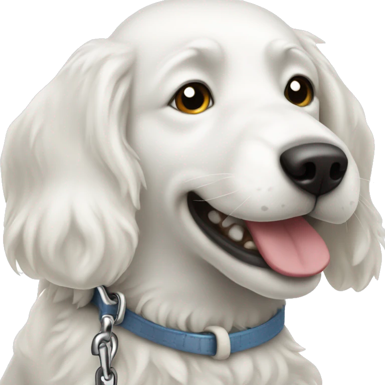 A White dog with his leash in his mouth  emoji