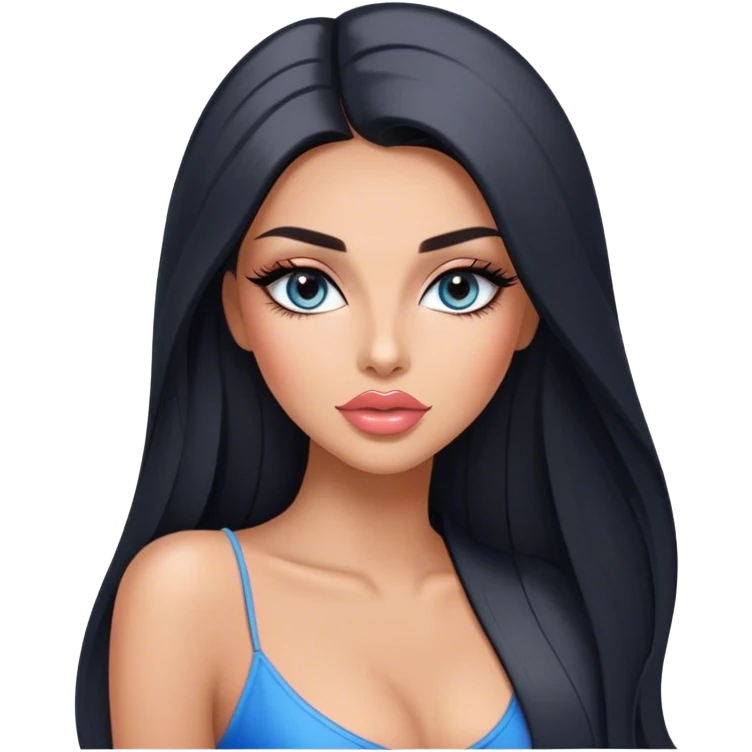Glamours, tanned, very beautiful girl, with big pump peach-beige-rose lips, long long lashes, black straight smooth silky long hair, straight parting hair, blue-grey eyes emoji
