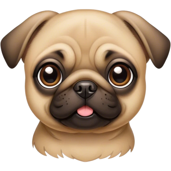 Cinematic Cute Fawn Pug Portrait Emoji, Head tilted playfully and inquisitively, featuring a smooth fawn coat with a subtle sheen, round, sparkling dark eyes filled with curiosity, Simplified yet irresistibly adorable features, highly detailed, glowing with a warm, friendly glow, high shine, affectionate and lively, stylized with a touch of whimsy, bright and endearing, soft glowing outline, capturing the essence of a mischievous yet loving pup, so playful it feels like it could bounce out of the screen and into your arms! emoji