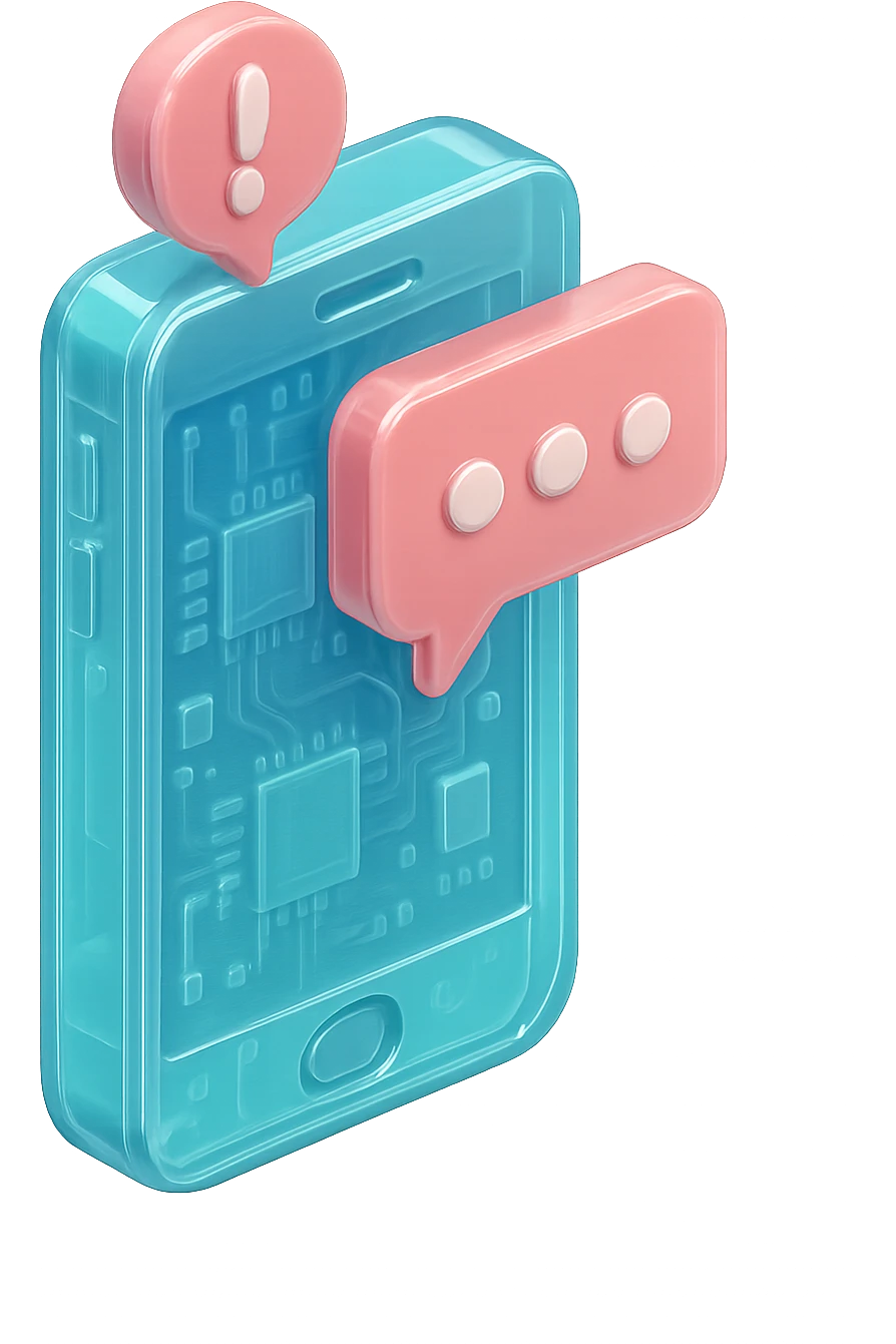 Icon of a smartphone with notification bubbles, flat design, cyan blue emoji