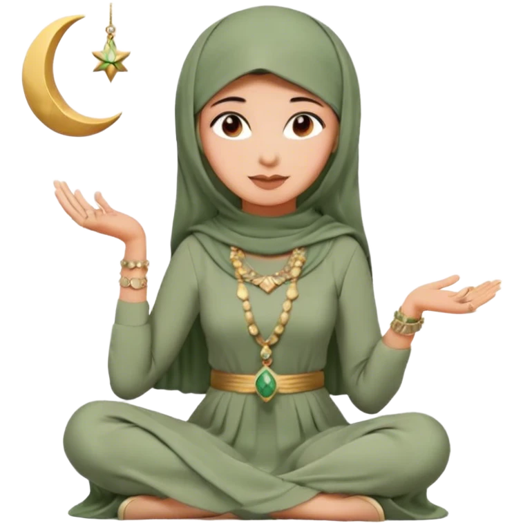 Aesthetic hijabi woman wearing sage green dress and Cartier jewelleries sitting down with crescent moon and ketupat emoji