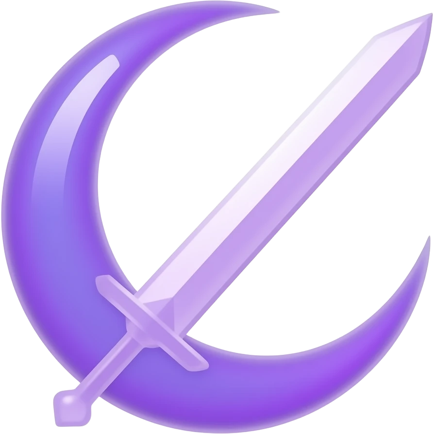 Glowing purple crescent moon with an elegant glowing purple transparent sword, emoji style. Soft violet and pink glow, minimal clean design, smooth edges, subtle lighting, centered, high contrast, transparent background. emoji